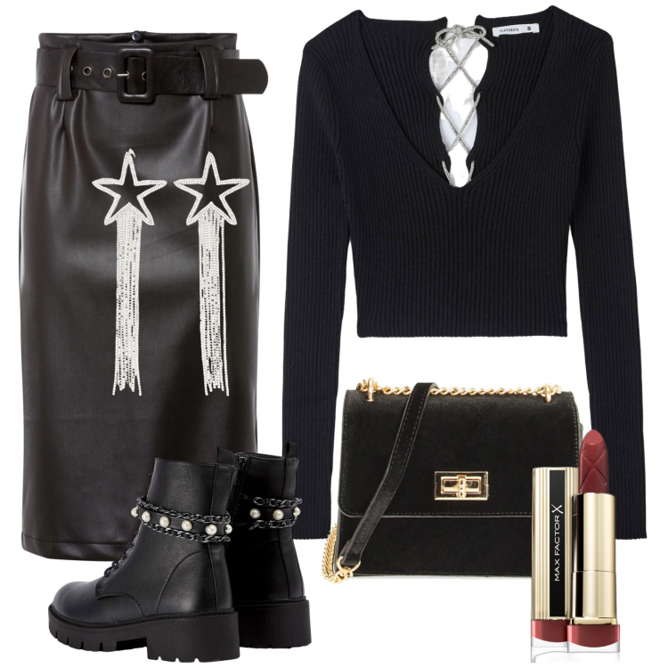 Outfit donna - Incroci d\'argento. Stile Glamour per Serata fuori. Abbinamento con gonne longuette, rossetti, anfibi, maglieria, borse a tracolla, orecchini.