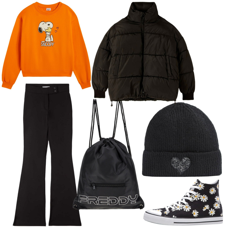 Outfit donna - Dog sitter. Stile Urban per Tutti i giorni. Abbinamento con sneakers alte, pantaloni, piumini, berretti, zaini, felpe.