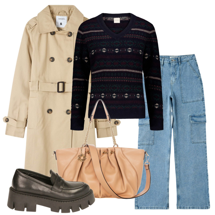 Outfit donna - Sempre chi ha una vita. Stile Casual per Ufficio. Abbinamento con trench, jeans, borse a spalla, mocassini, maglieria.