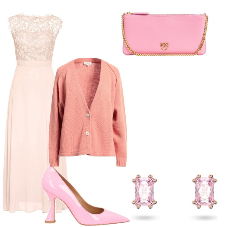 Outfit donna - Mia: stile rosa. Stile Chic per Cerimonia. Abbinamento con vestiti lunghi, orecchini, cardigans, décolleté, borse a tracolla.
