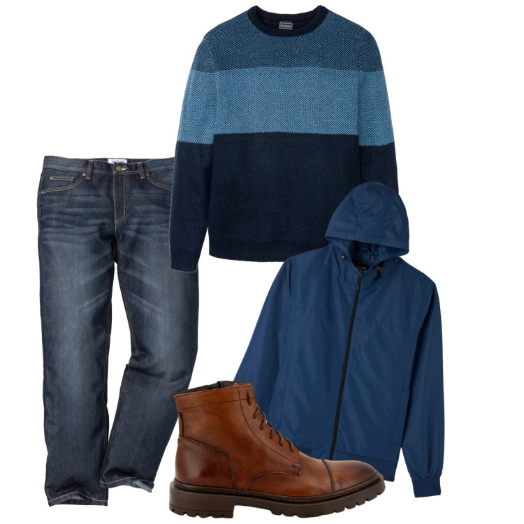 Outfit uomo - Blu e cuoio. Stile Casual per Tutti i giorni. Abbinamento con jeans dritti, maglieria, giacche, scarpe stringate.