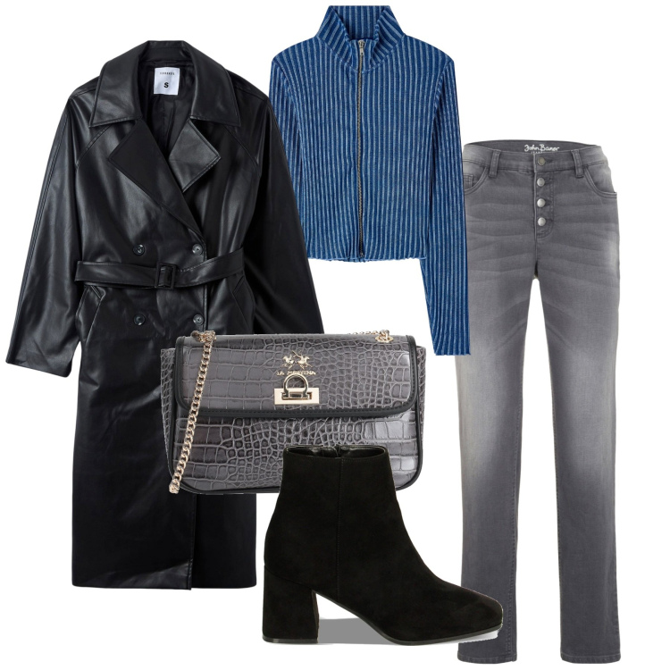 Outfit donna - Inverno. Stile Casual per Ufficio. Abbinamento con jeans boyfriend, borse a tracolla, maglieria, trench, stivaletti.