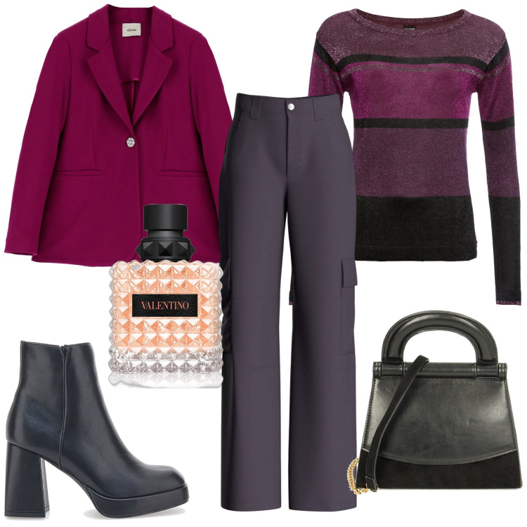 Outfit donna - Righe & glitter viola. Stile Casual chic per Ufficio. Abbinamento con maglieria, profumi, pantaloni cargo, borse a mano, giacche, stivaletti.