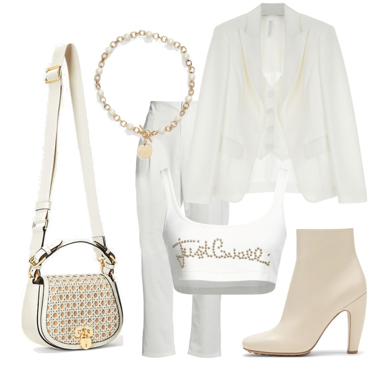 Outfit donna - Total look #1817884. Stile Glamour per Cerimonia. Abbinamento con top, pantaloni, blazer, collane, borse a tracolla, stivaletti.
