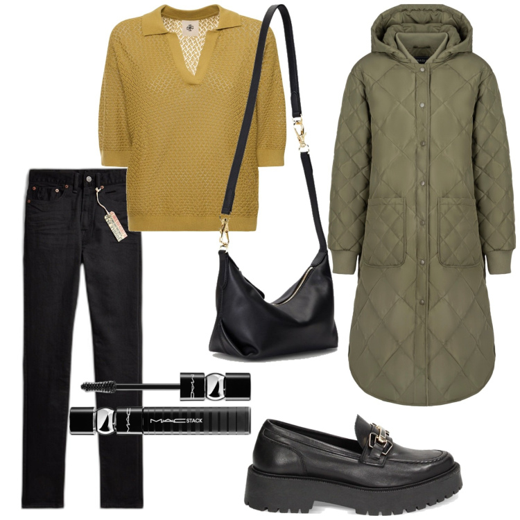 Outfit donna - Total look #1817886. Stile Casual per Tutti i giorni. Abbinamento con mascara, mocassini, cappotti, jeans skinny, borse a spalla, polo.