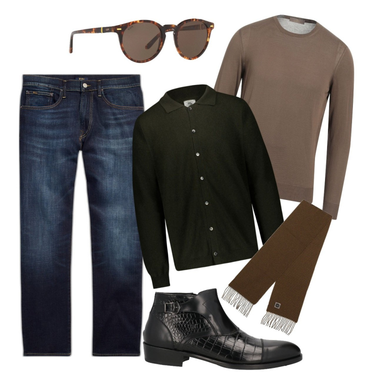 Outfit uomo - Raffinato in bluejeans. Stile Casual per Tutti i giorni. Abbinamento con stivali e stivaletti, pullovers, occhiali da sole, jeans dritti, polo, sciarpe.