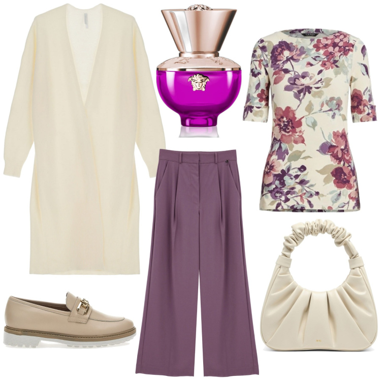 Outfit donna - Cardigan per la primavera. Stile Casual chic per Ufficio. Abbinamento con profumi, cardigans, pantaloni a palazzo, maglieria, mocassini, borse a mano.