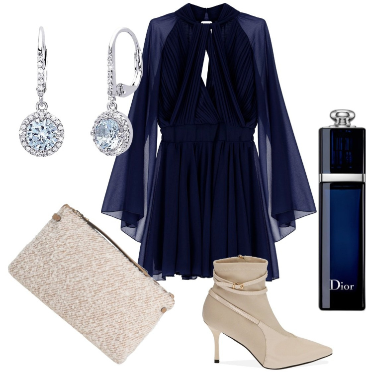 Outfit donna - San Valentino in blu. Stile Chic per Serata fuori. Abbinamento con borse a mano, profumi, orecchini, stivaletti, vestiti corti.