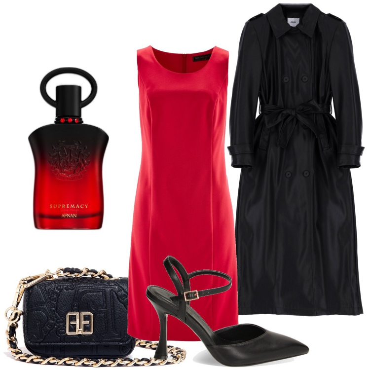 Outfit donna - Passione. Stile Chic per Serata fuori. Abbinamento con vestiti a tubino, profumi, marsupi, décolleté, trench.