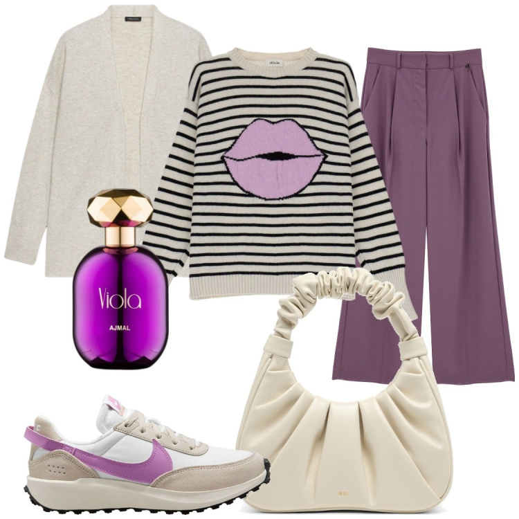 Outfit donna - Kisses purple. Stile Casual chic per Tutti i giorni. Abbinamento con profumi, cardigans, pantaloni a palazzo, pullovers, sneakers, borse a mano.