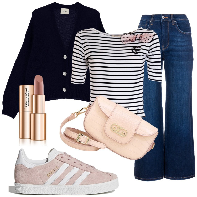 Outfit donna - Primo sole di febbraio. Stile Casual chic per Tutti i giorni. Abbinamento con rossetti, t-shirt, jeans, cardigans, pochette, sneakers.