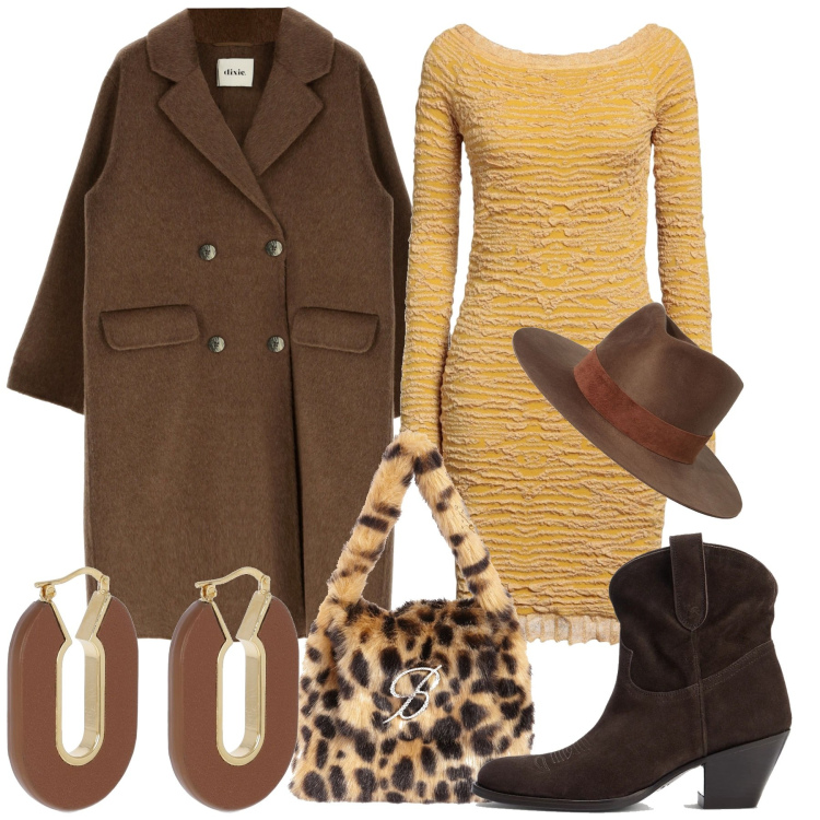 Outfit donna - Inverno. Stile Chic per Tutti i giorni. Abbinamento con vestiti corti, stivaletti, cappotti, borse a mano, cappelli, orecchini.