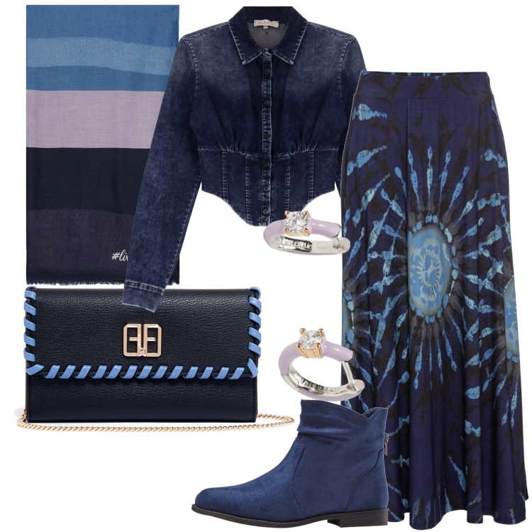 Outfit donna - Total look #1817978. Stile Boho per Tutti i giorni. Abbinamento con gonne, stivaletti, orecchini, pochette, camicie, sciarpe.