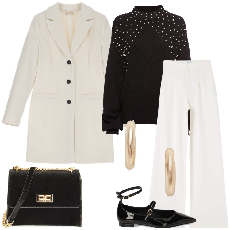 Outfit donna - Total look #1817987. Stile Chic per Tutti i giorni. Abbinamento con maglieria, pantaloni, cappotti, ballerine, borse a tracolla, orecchini.