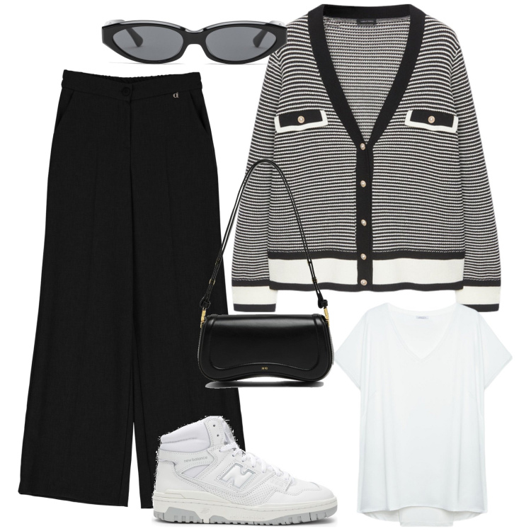 Outfit donna - Look casual. Stile Casual chic per Tutti i giorni. Abbinamento con pantaloni a palazzo, t-shirt, cardigans, sneakers alte, occhiali da sole, borse a spalla.