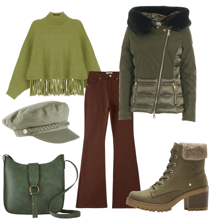 Outfit donna - Verde con un tocco di marrone. Stile Casual chic per Tutti i giorni. Abbinamento con cappelli, stivaletti, borse a tracolla, pantaloni, maglieria, blazer.
