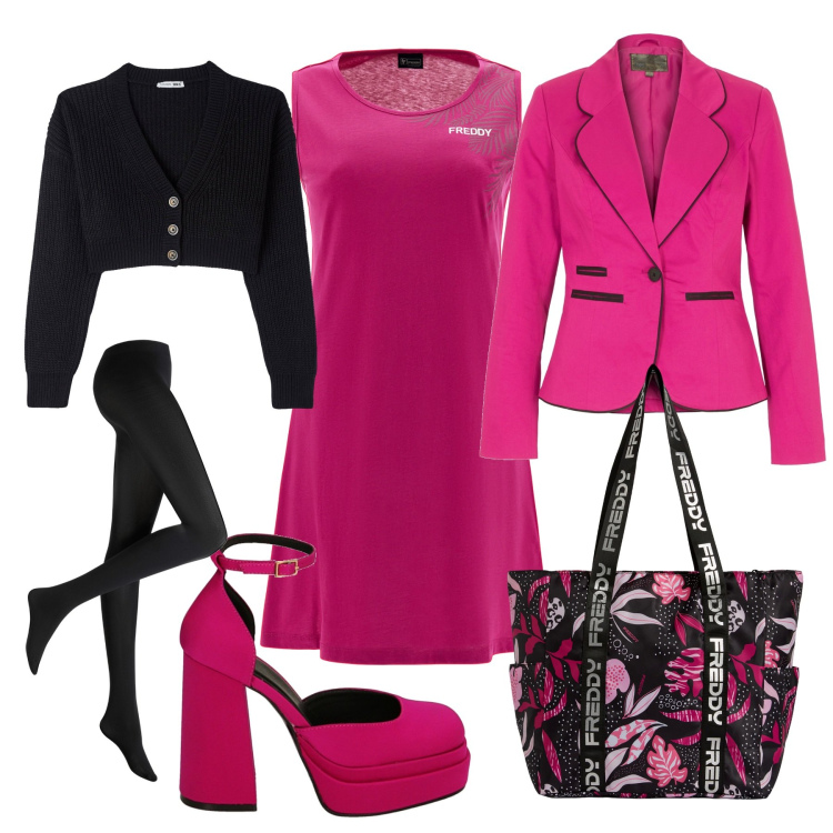 Outfit donna - Nero e fucsia. Stile Casual chic per Ufficio. Abbinamento con collant, blazer, cardigans, vestiti senza maniche, shopping bag, décolleté.