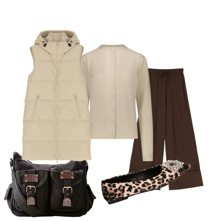 Outfit donna - L’elegante maglia color tortora. Stile Trendy per Ufficio. Abbinamento con borse a tracolla, pantaloni a palazzo, piumini, ballerine, cardigans.