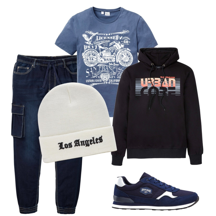 Outfit uomo - Il jeans cargo. Stile Urban per Tutti i giorni. Abbinamento con sneakers, felpe con cappuccio, t-shirt, jeans slim fit, cappelli con visiera.