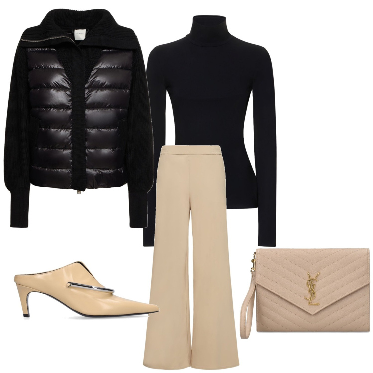 Outfit donna - Femminine basic. Stile Basic per Tutti i giorni. Abbinamento con pochette, blazer, pantaloni, pantofole, top.