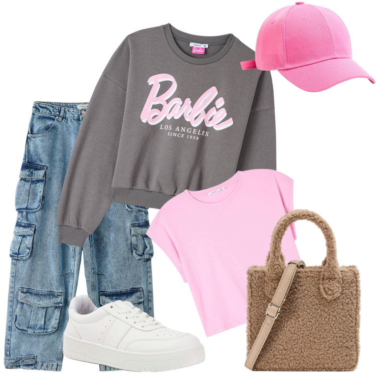 Outfit donna - Barbie lovers. Stile Urban per Tutti i giorni. Abbinamento con felpe, t-shirt, sneakers, jeans, shopping bag, cappelli.