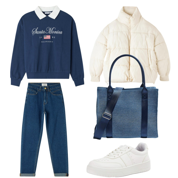 Outfit donna - Look da college. Stile Preppy per Scuola/Università. Abbinamento con jeans mom, piumini, felpe, sneakers, shopping bag.
