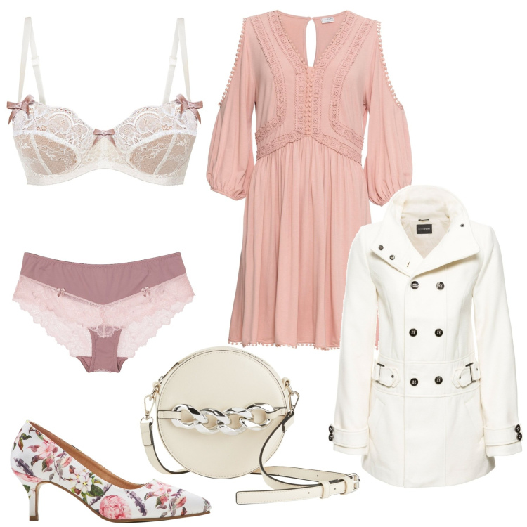 Outfit donna - Un look romantico. Stile Romantica per Serata fuori. Abbinamento con blazer, reggiseni a balconcino, vestiti, culotte, décolleté, borse a tracolla.