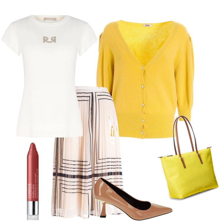 Outfit donna - Follow the sun. Stile Bon Ton per Tutti i giorni. Abbinamento con rossetti, t-shirt, gonne longuette, cardigans, décolleté, borse tote.