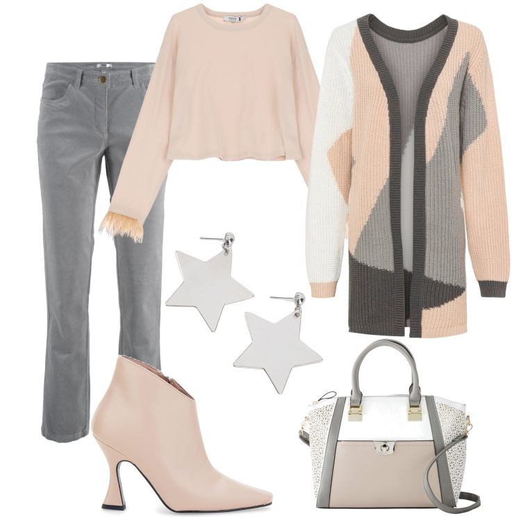 Outfit donna - Freddo, caldo, mi vesto a strati. Stile Casual chic per Tutti i giorni. Abbinamento con cardigans, pantaloni, borse a mano, maglieria, orecchini, stivaletti.