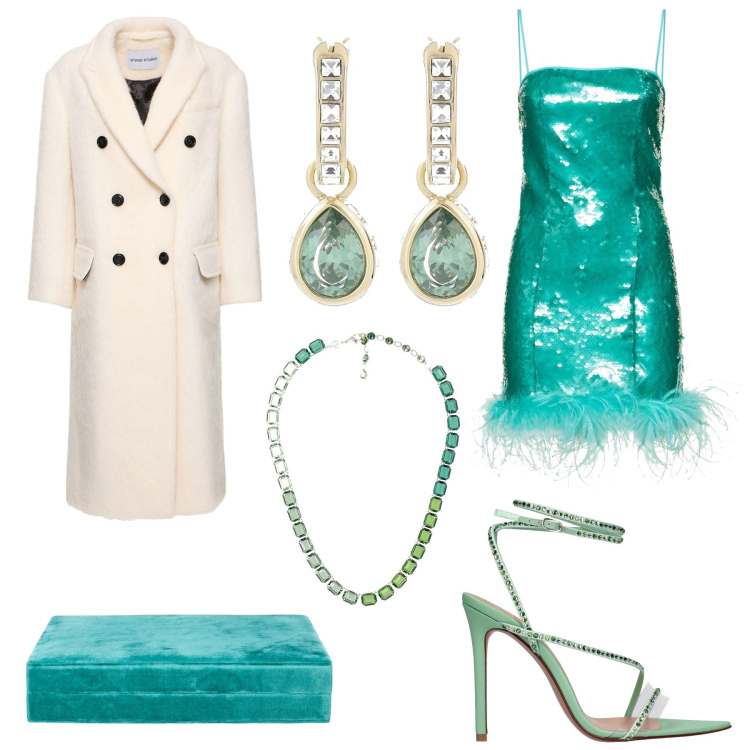 Outfit donna - Un vestito da star!. Stile Glamour per Serata fuori. Abbinamento con pochette, vestiti, sandali in pelle, orecchini, cappotti, collane.