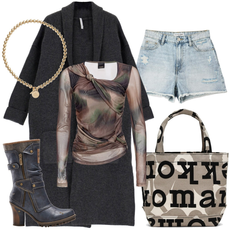 Outfit donna - Cardigan maxi. Stile Trendy per Tutti i giorni. Abbinamento con stivali, shorts, maglieria, cardigans, collane, borse tote.