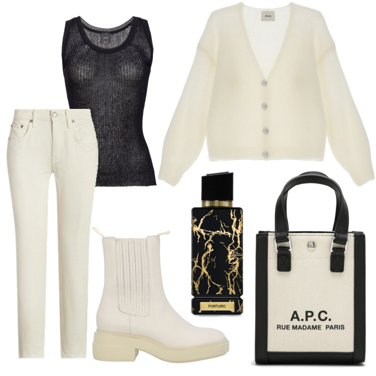Outfit donna - Total look #1818070. Stile Trendy per Tutti i giorni. Abbinamento con stivaletti chelsea, profumi, top, jeans, cardigans, borse tote.