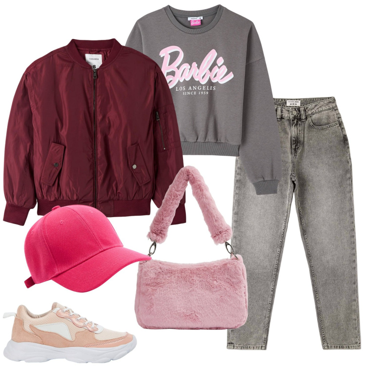 Outfit donna - Pomeriggio di shopping. Stile Basic per Tutti i giorni. Abbinamento con felpe, bomber, jeans mom, sneakers, borse a spalla, cappelli.