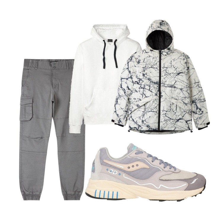 Outfit uomo - Total look #1818091. Stile Casual per Tutti i giorni. Abbinamento con felpe con cappuccio, sneakers, giacche, pantaloni cargo.