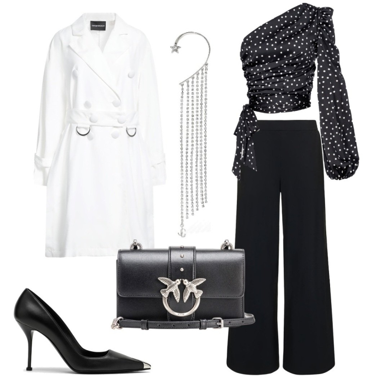 Outfit donna - Bianco e nero. Stile Chic per Serata fuori. Abbinamento con cappotti, borse a tracolla, bluse, orecchini, pantaloni, décolleté.