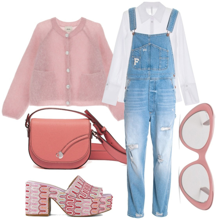 Outfit donna - Vita country. Stile Basic per Tutti i giorni. Abbinamento con camicie, salopette, cardigans, sabot, occhiali da sole, borse a tracolla.