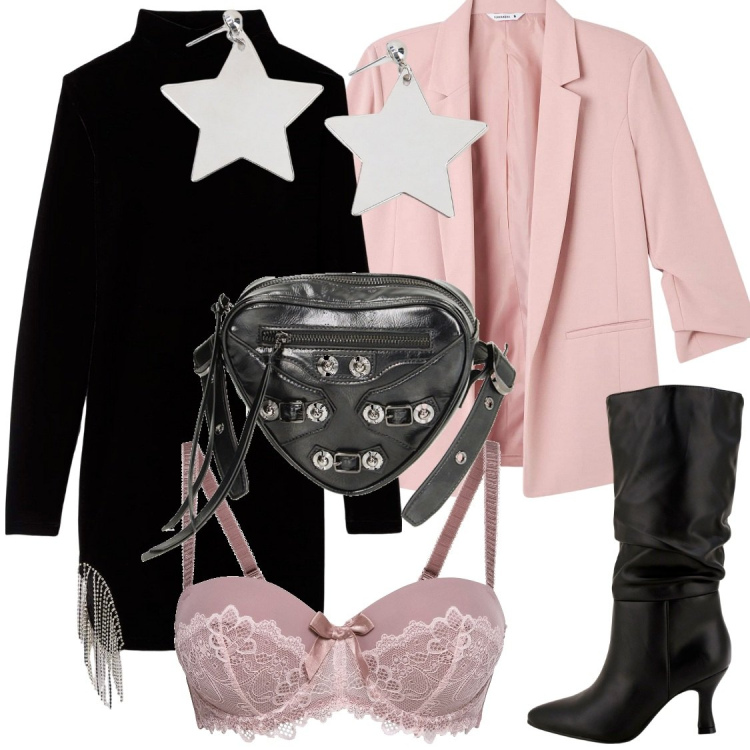 Outfit donna - Blazer rosa sul miniabito nero. Stile Chic per Serata fuori. Abbinamento con reggiseni a balconcino, blazer, vestiti, stivali, orecchini, borse a tracolla.