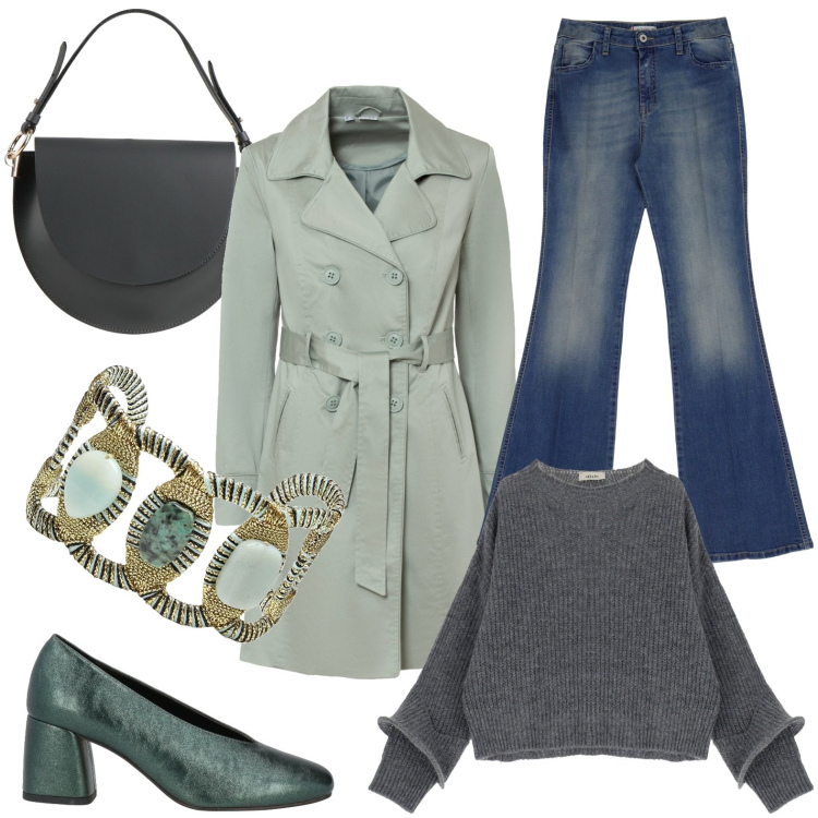 Outfit donna - Sfumature di verde. Stile Urban per Tutti i giorni. Abbinamento con trench, décolleté, braccialetti, borse a mano, jeans, pullovers.