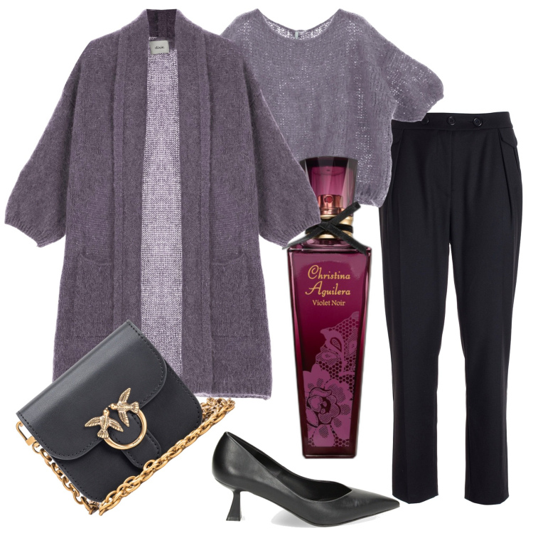Outfit donna - Chic in viola. Stile Chic per Serata fuori. Abbinamento con profumi, borse a tracolla, pantaloni, maglieria, décolleté, cardigans.