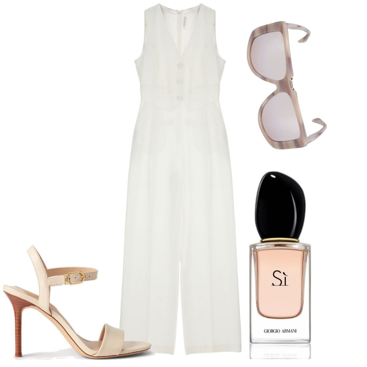 Outfit donna - Pomeriggio in campagna. Stile Bon Ton per Tutti i giorni. Abbinamento con profumi, tute, sandali in pelle, occhiali da sole.