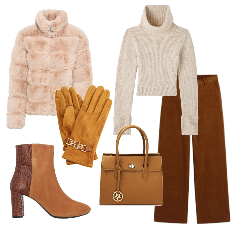 Outfit donna - Sarà un pomeriggio. Stile Casual chic per Tutti i giorni. Abbinamento con pantaloni, ecopellicce, stivaletti, maglieria, borse a mano, guanti.