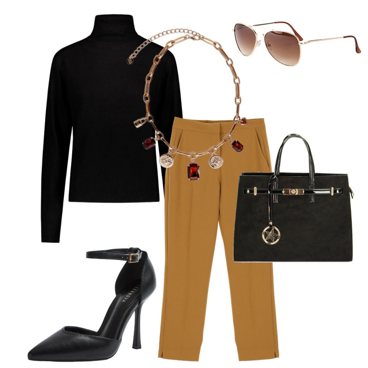Outfit donna - Total look #1818178. Stile Bon Ton per Ufficio. Abbinamento con occhiali da sole, décolleté, borse a mano, pantaloni, maglieria, collane.
