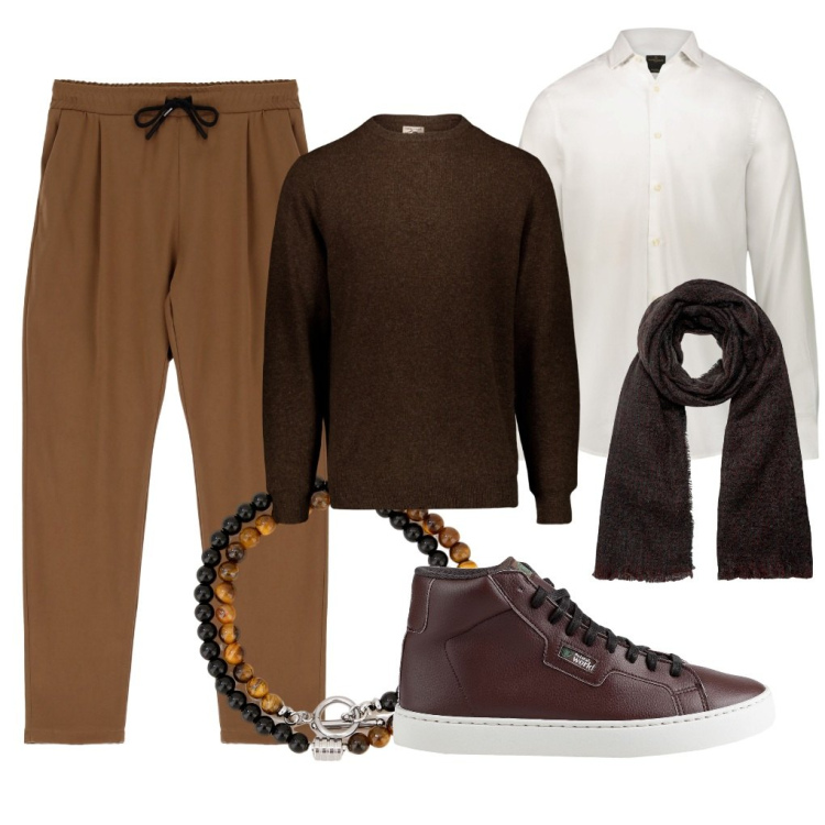 Outfit uomo - Fabiano: il geometra. Stile Urban per Tutti i giorni. Abbinamento con sneakers alte, pantaloni, braccialetti, maglieria, sciarpe, camicie.