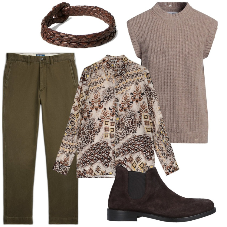 Outfit uomo - Treccia in cuoio. Stile Trendy per Tutti i giorni. Abbinamento con stivali e stivaletti, pullovers, camicie, braccialetti, pantaloni chino.