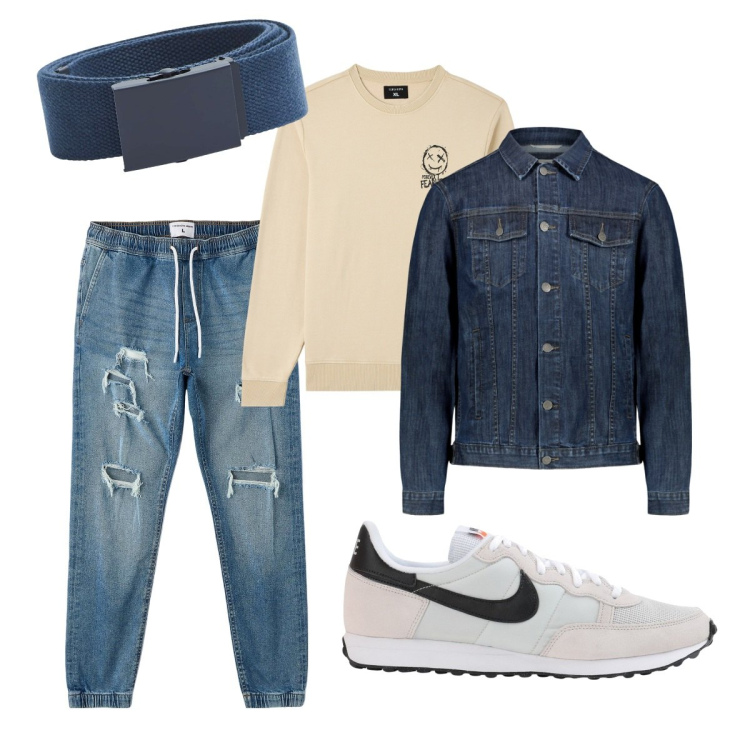 Outfit uomo - Total look #1818206. Stile Casual per Tutti i giorni. Abbinamento con sneakers, felpe, jeans strappati, cinture, giacche.