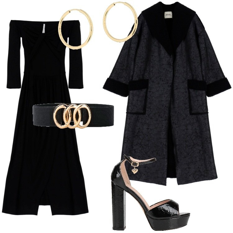 Outfit donna - Total look #1818215-Febbraio. Stile Chic per Serata fuori. Abbinamento con cinture, sandali in pelle, vestiti midi/longuette, cappotti, orecchini.