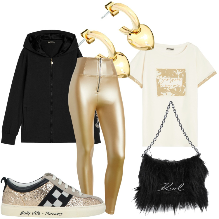 Outfit donna - La tuta gold. Stile Casual chic per Tutti i giorni. Abbinamento con borse a mano, sneakers, orecchini, pantaloni skinny, t-shirt, felpe con cappuccio.