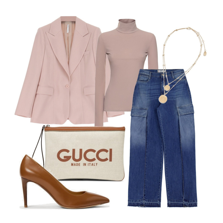 Outfit donna - Ghost outfitter - febbraio. Stile Romantica per Tutti i giorni. Abbinamento con jeans dritti, blazer, décolleté, ciondoli, borse a mano, top.