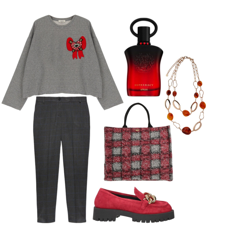 Outfit donna - Curvy relax a San Valentino. Stile Casual per Tutti i giorni. Abbinamento con profumi, borse a mano, mocassini, felpe, pantaloni, ciondoli.