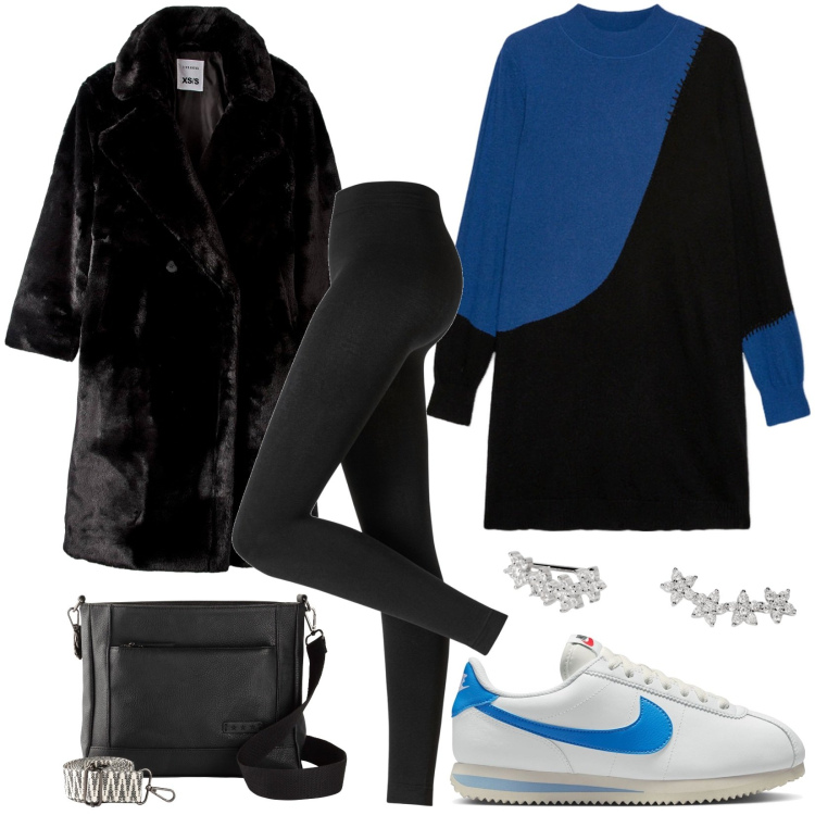 Outfit donna - Total look #1818265. Stile Casual per Tutti i giorni. Abbinamento con leggings, borse a tracolla, ecopellicce, orecchini, maglieria, sneakers.